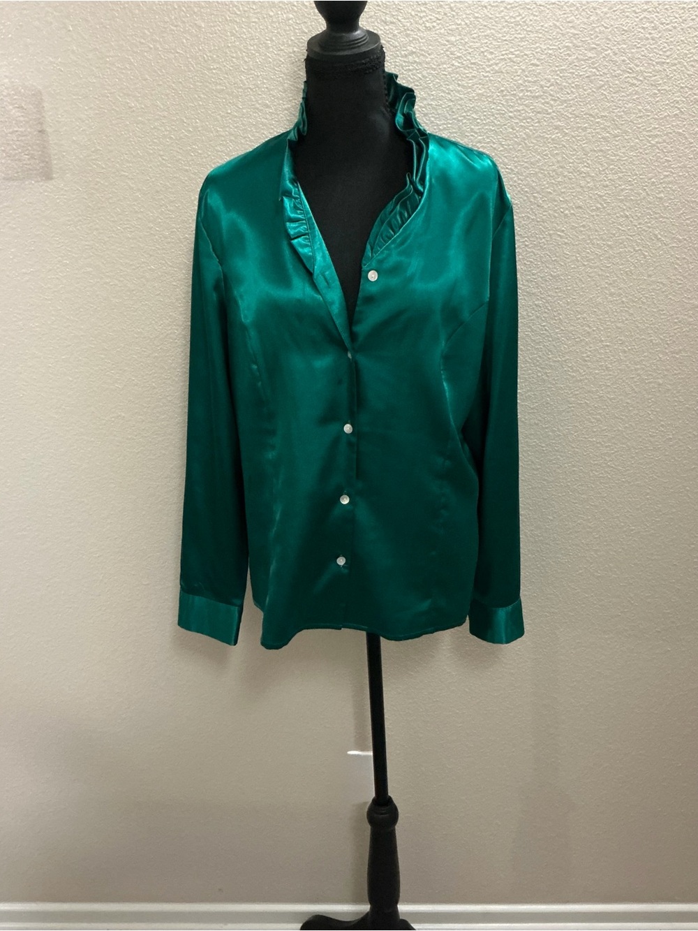 Investments Emerald Satin Ruffle Collar Button-Down Shirt - Picture 1 of 8